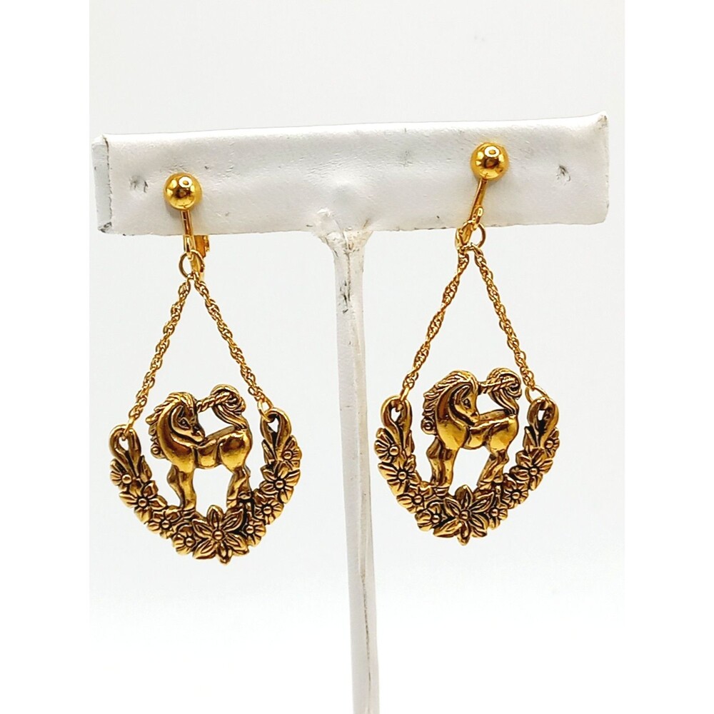 VINTAGE Gold Dangle Unicorn Earring Rare CLIP ON style